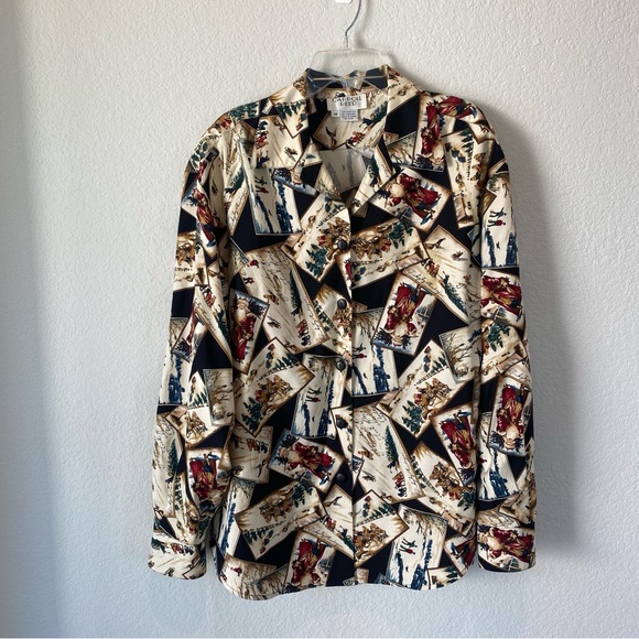 Carroll Reed Vintage 100% Silk St. Nick Christmas Button Down Blouse - Picture 1 of 7